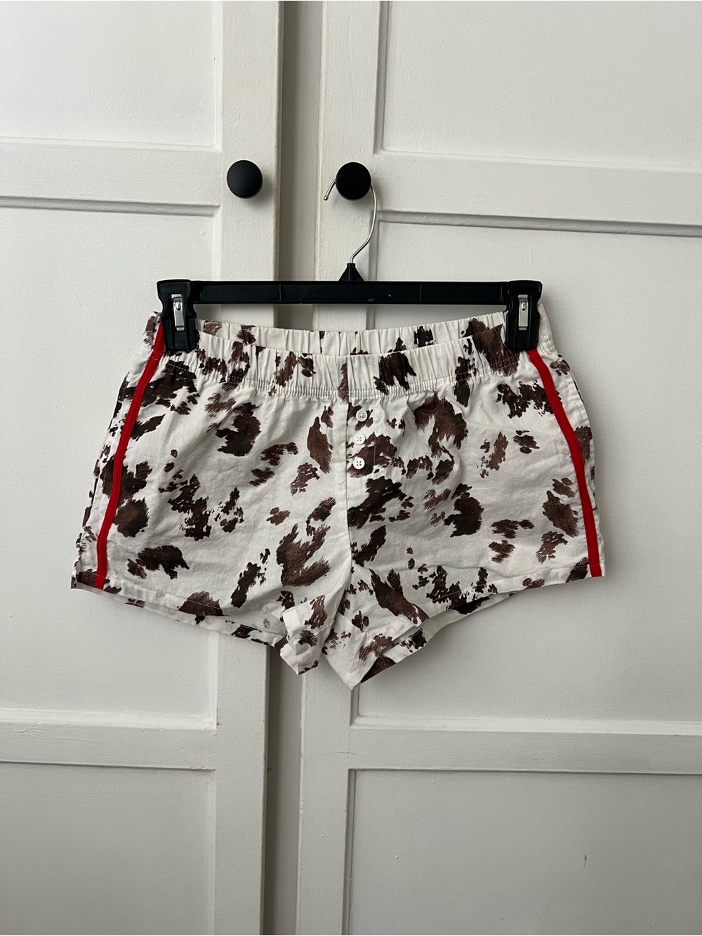 Women's Cow-Print Cotton Shorts with Red Trim - M